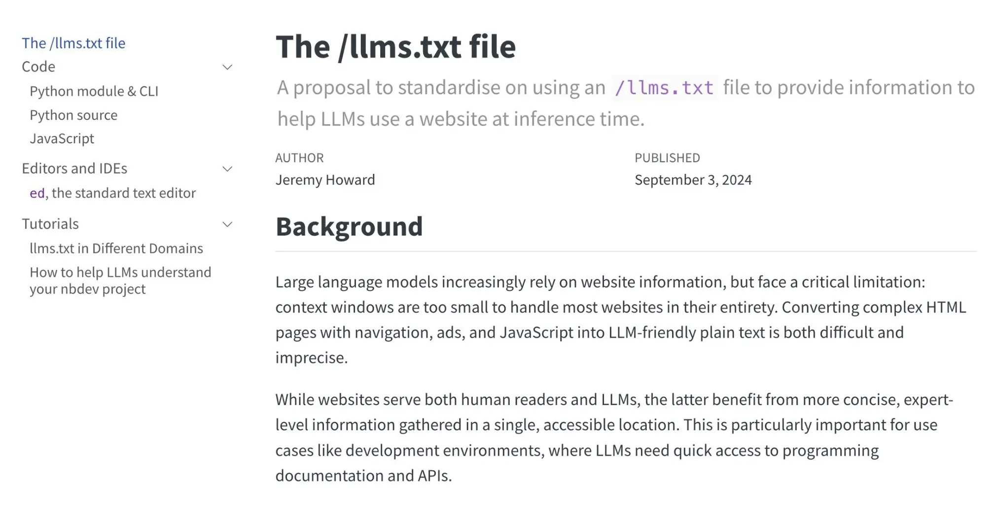 The llms.txt proposal explaining how the file can provide website information to LLMs at inference time