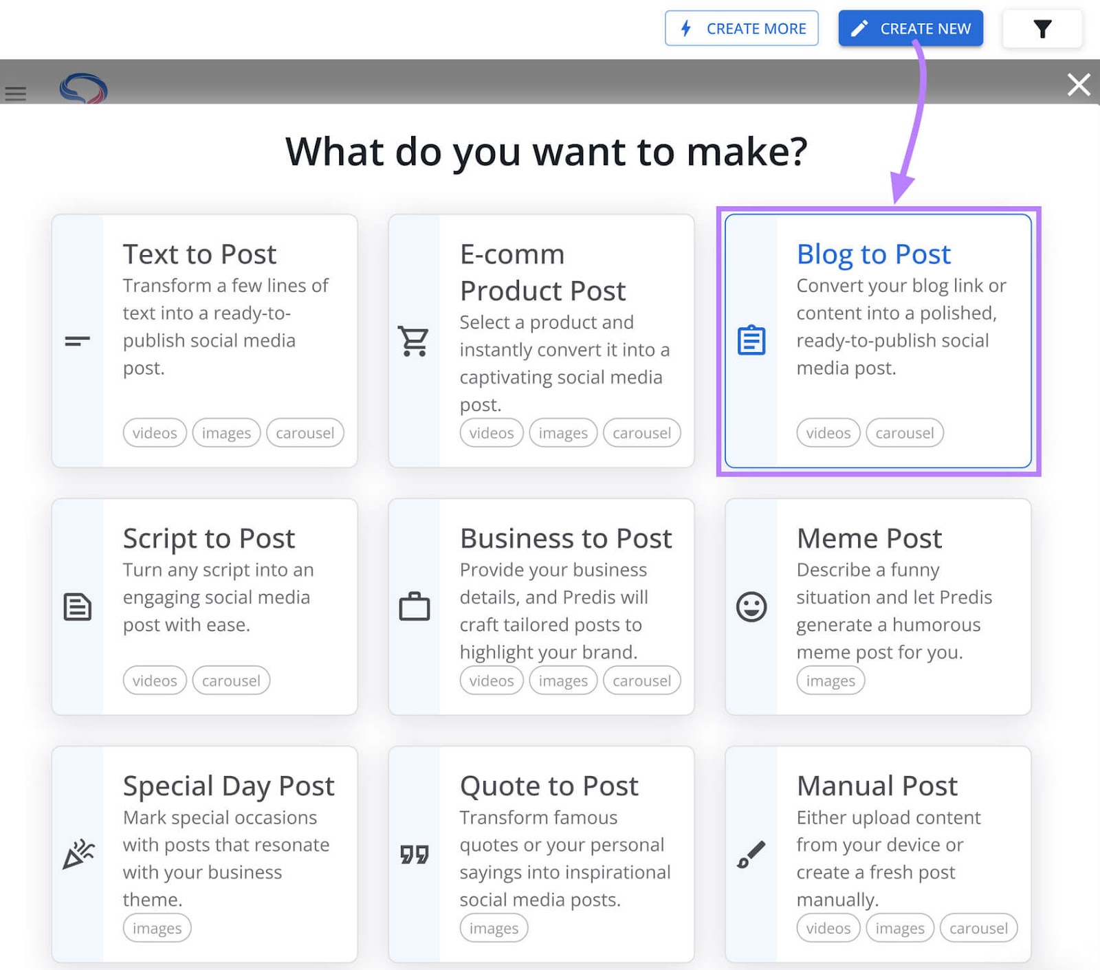 "blog to post" option selected in AI Social Content Generator