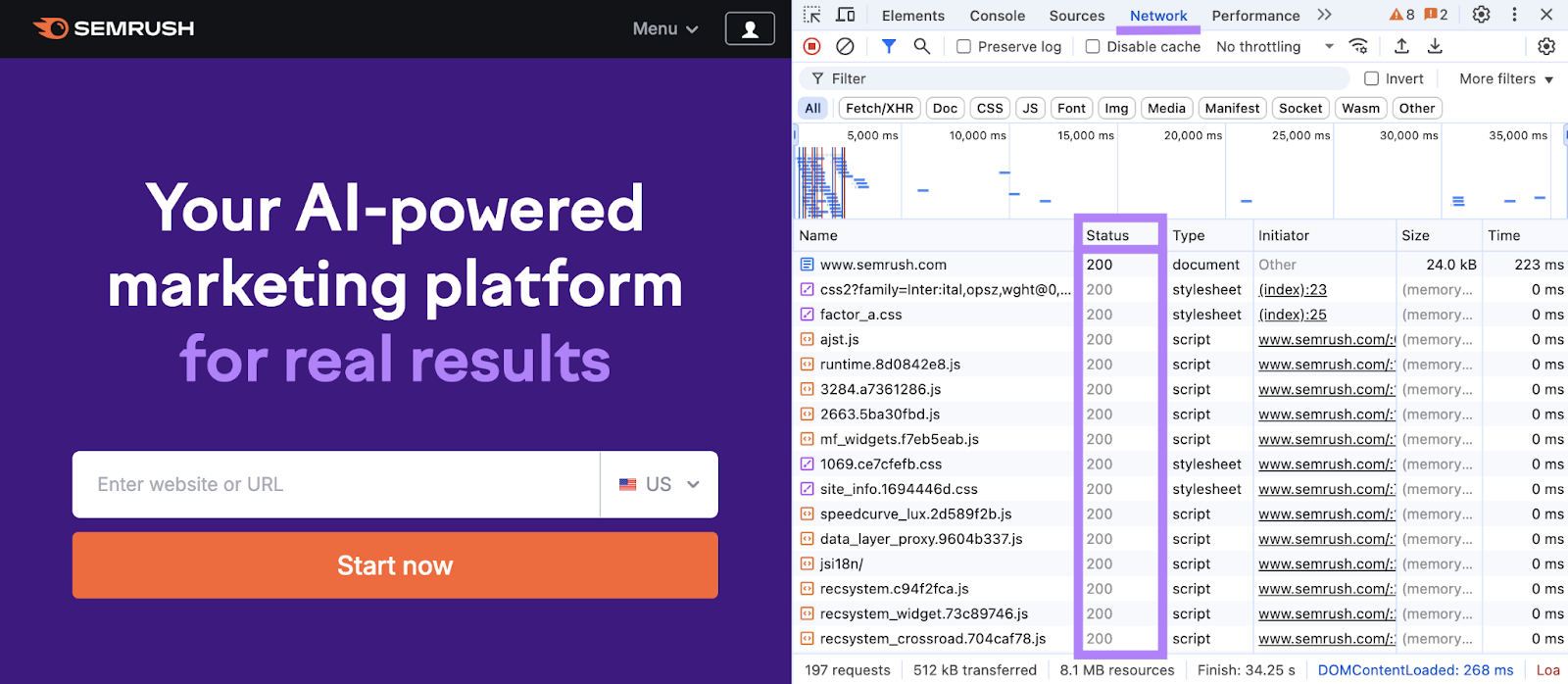The HTTP status code column is highlighted in the tool.