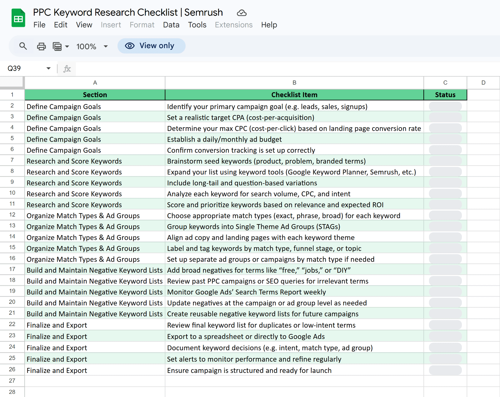 Semrush PPC Keyword Research Checklist in a spreadsheet format with campaign goals, keyword tasks, and status columns.