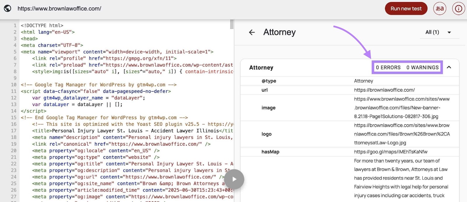 Schema Markup Validator showing a page with no errors or warnings.