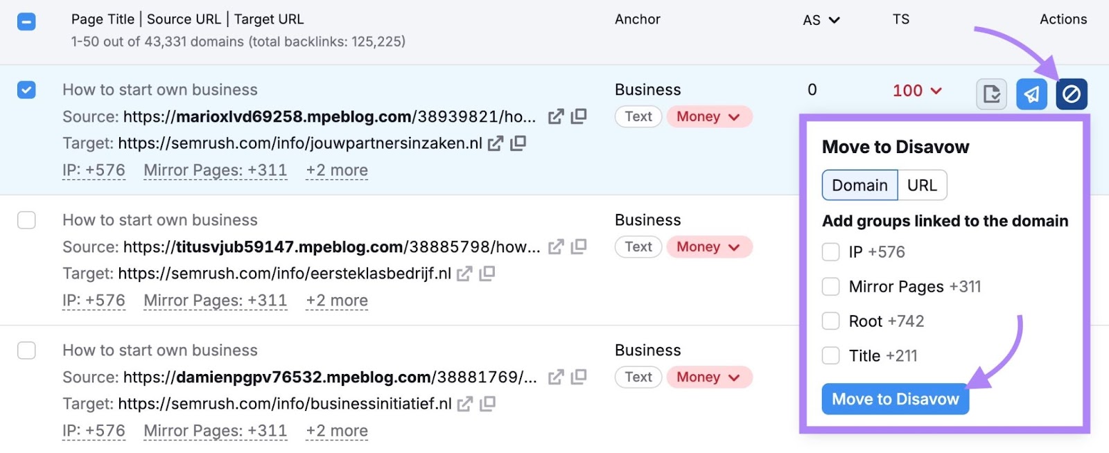 "Move to Disavow" clicked from the Disavow window on the Backlink Audit tool.
