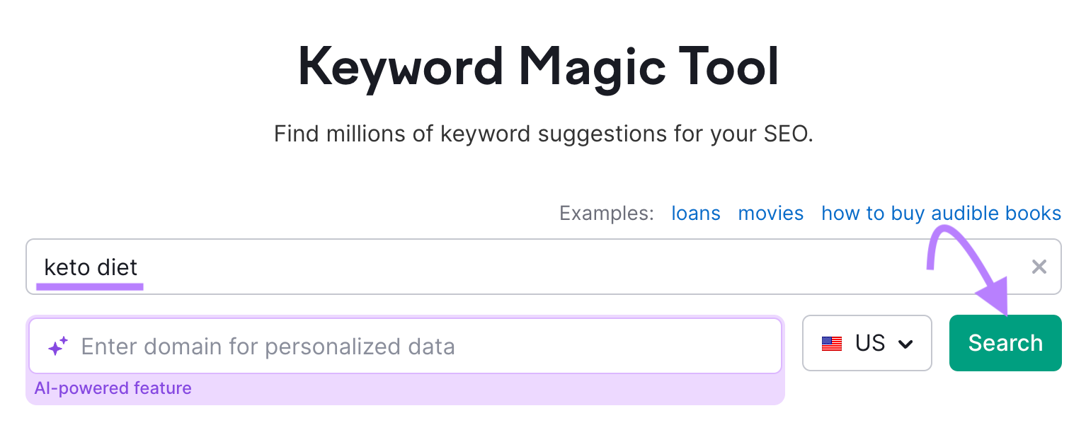 Keyword Magic Tool search bar with "keto diet"