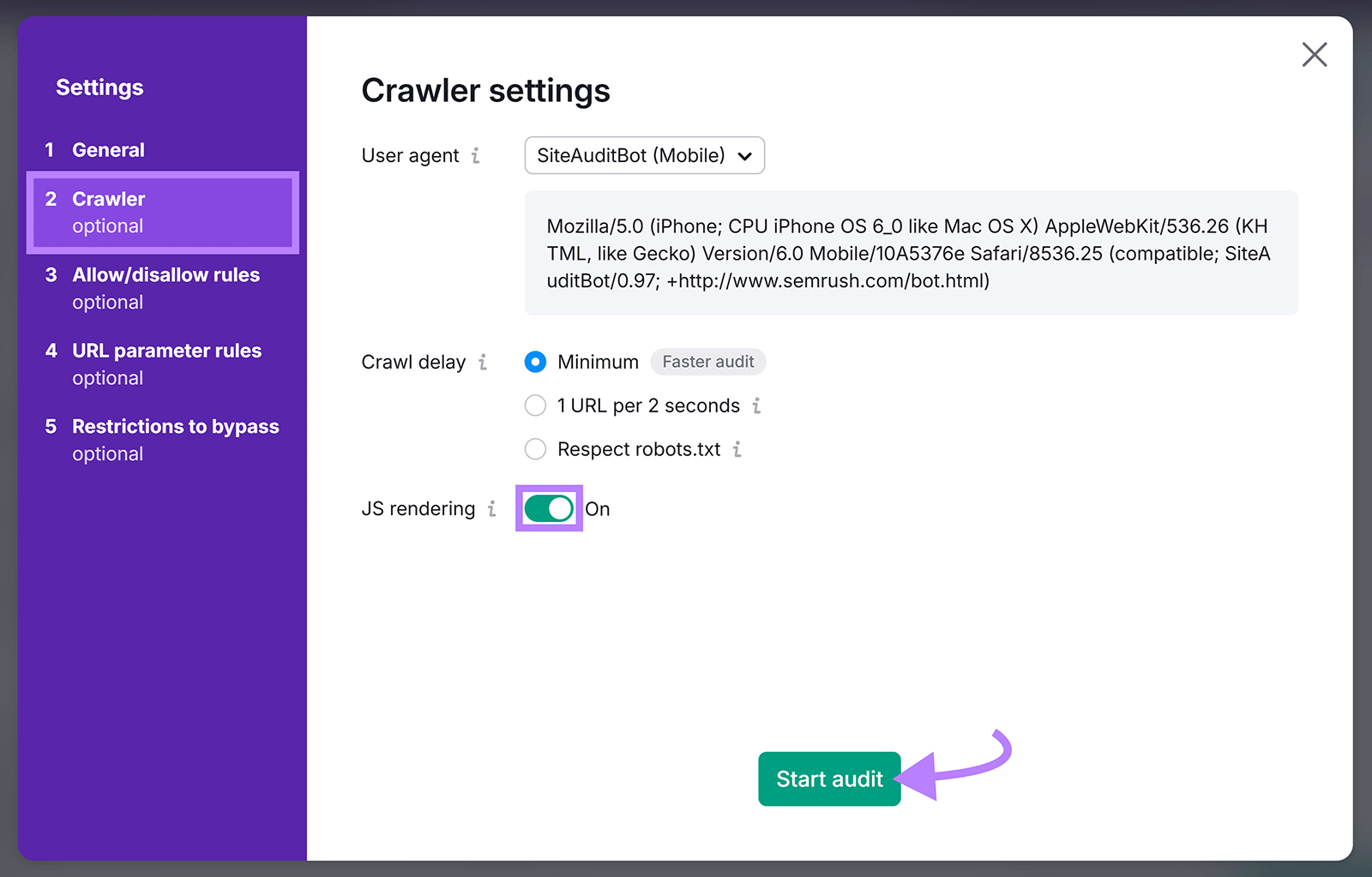 Crawler settings panel with JS rendering toggle on and arrow pointing to Start audit button.