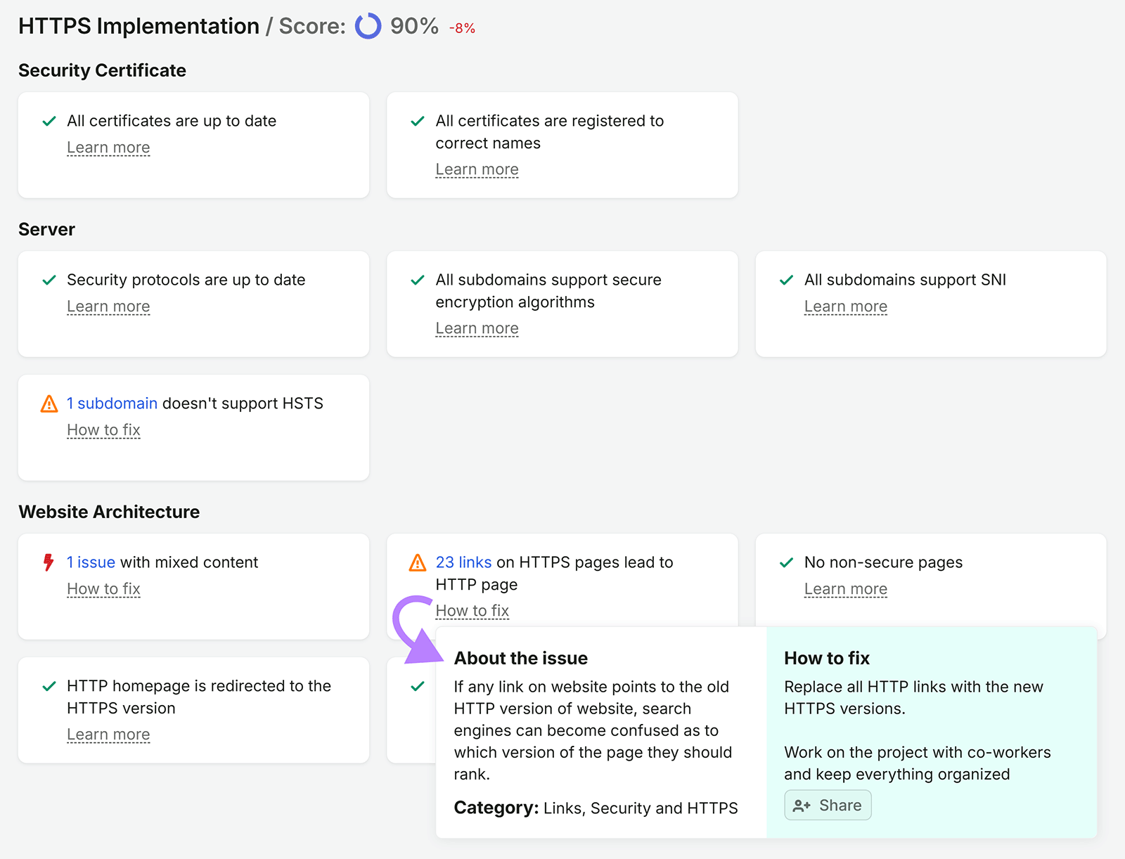 Semrush HTTPS report showing a 90% score and guidance for fixing HTTP links on HTTPS pages
