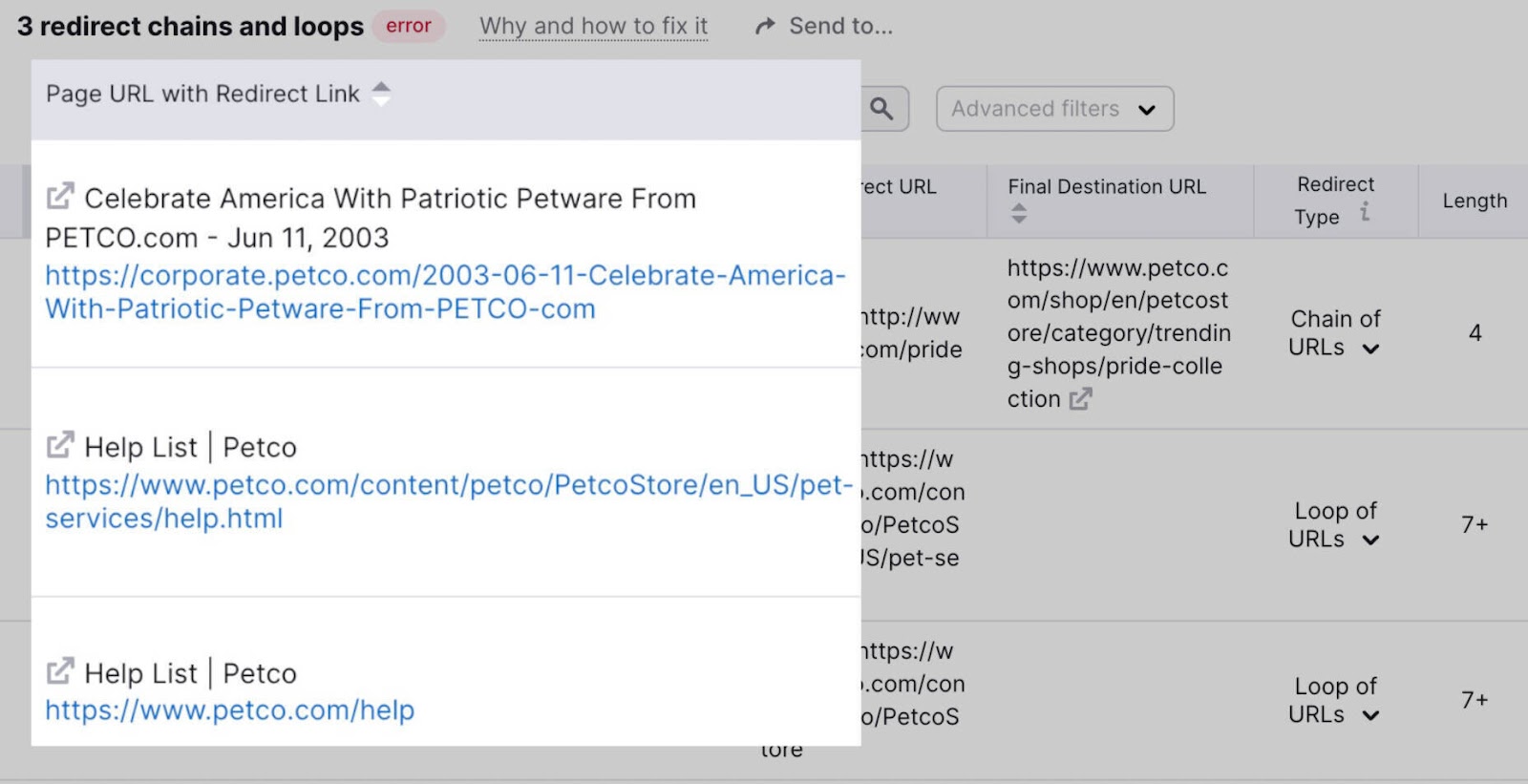 List of page urls with redirect link in Site Audit