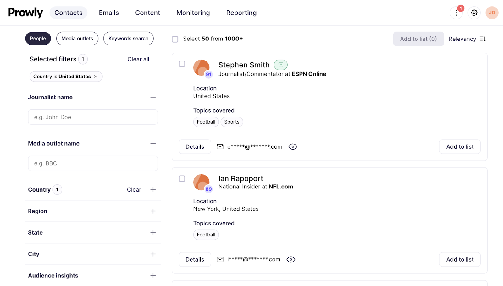 Search for Contacts, then People shows journalists along with filters for media outlets.