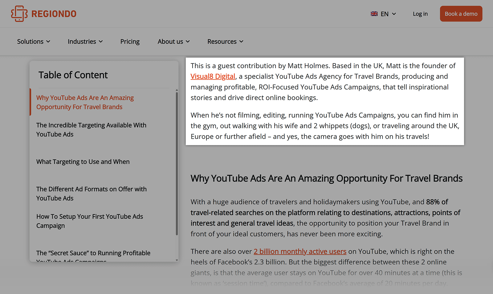 Blog page with guest author disclaimer and backlink to contributor’s website in author bio section