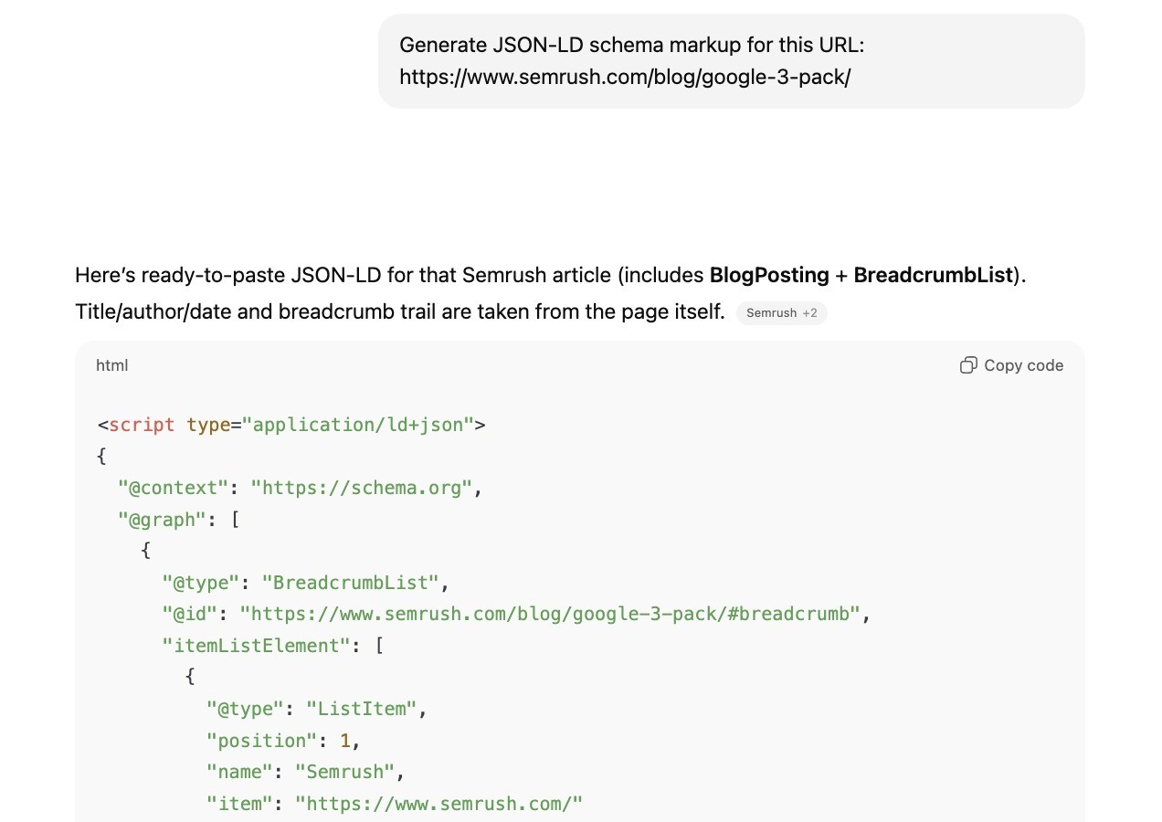 A prompt to generate a JSON-LD schema markup for a page along with the result generated on ChatGPT.