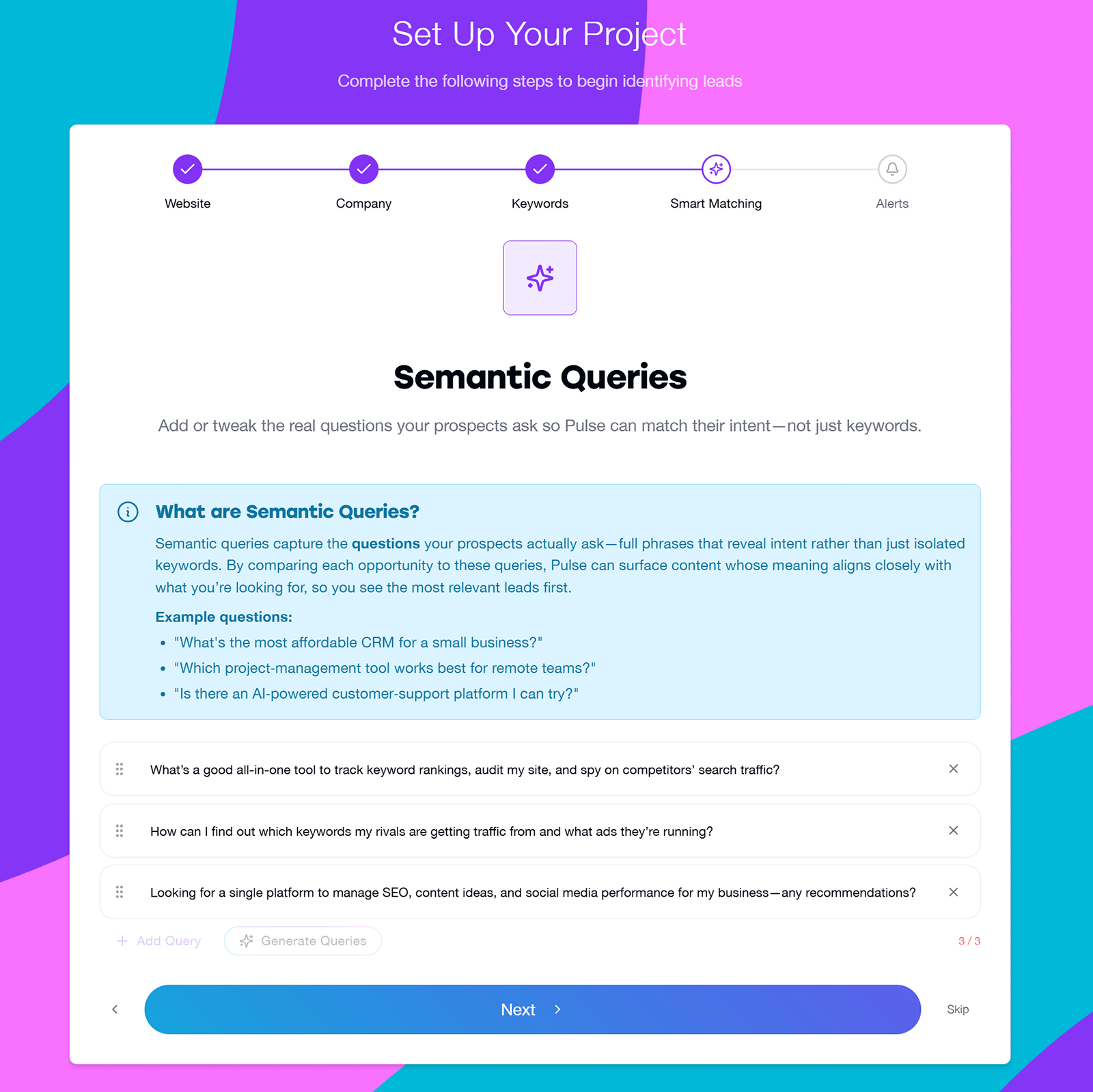 Pulse semantic query setup screen adding full questions to match search intent, not just keywords.
