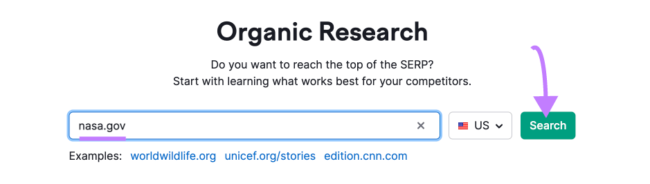 "nasa.gov" entered into the Organic Rankings search bar