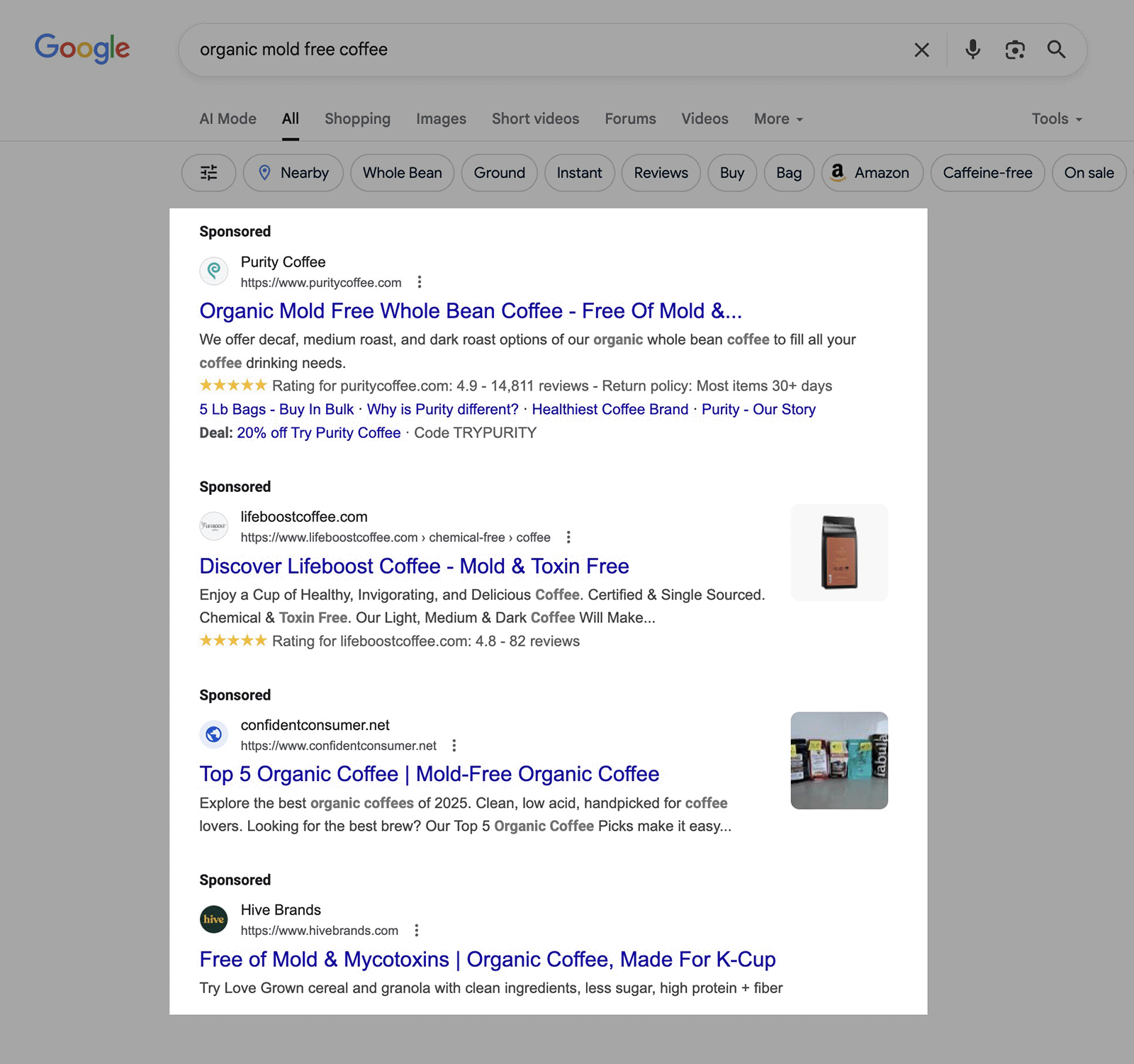 Google search results showing sponsored ads for “organic mold free coffee.”