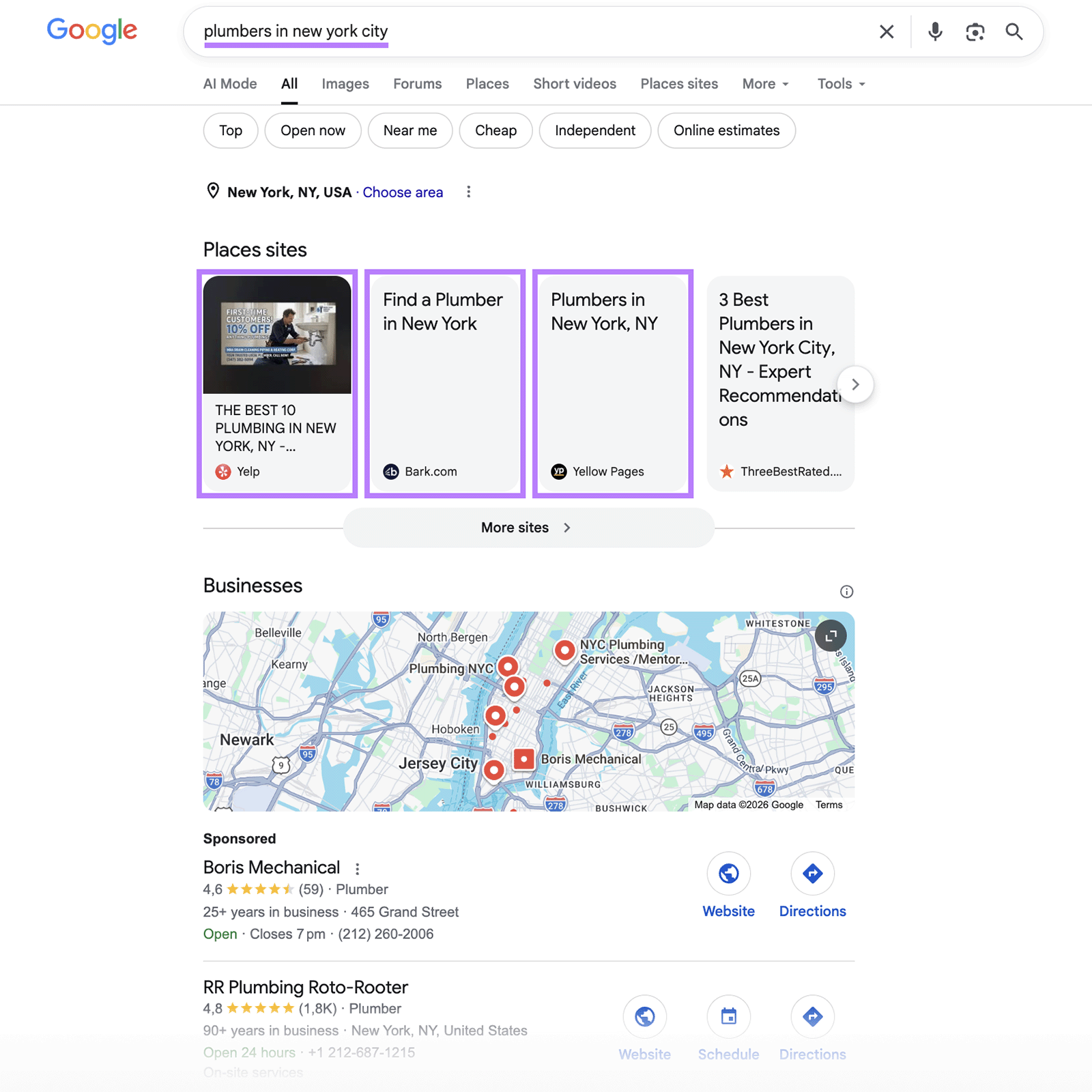 Google results for “plumbers in New York City” showing Places sites and a local business map pack