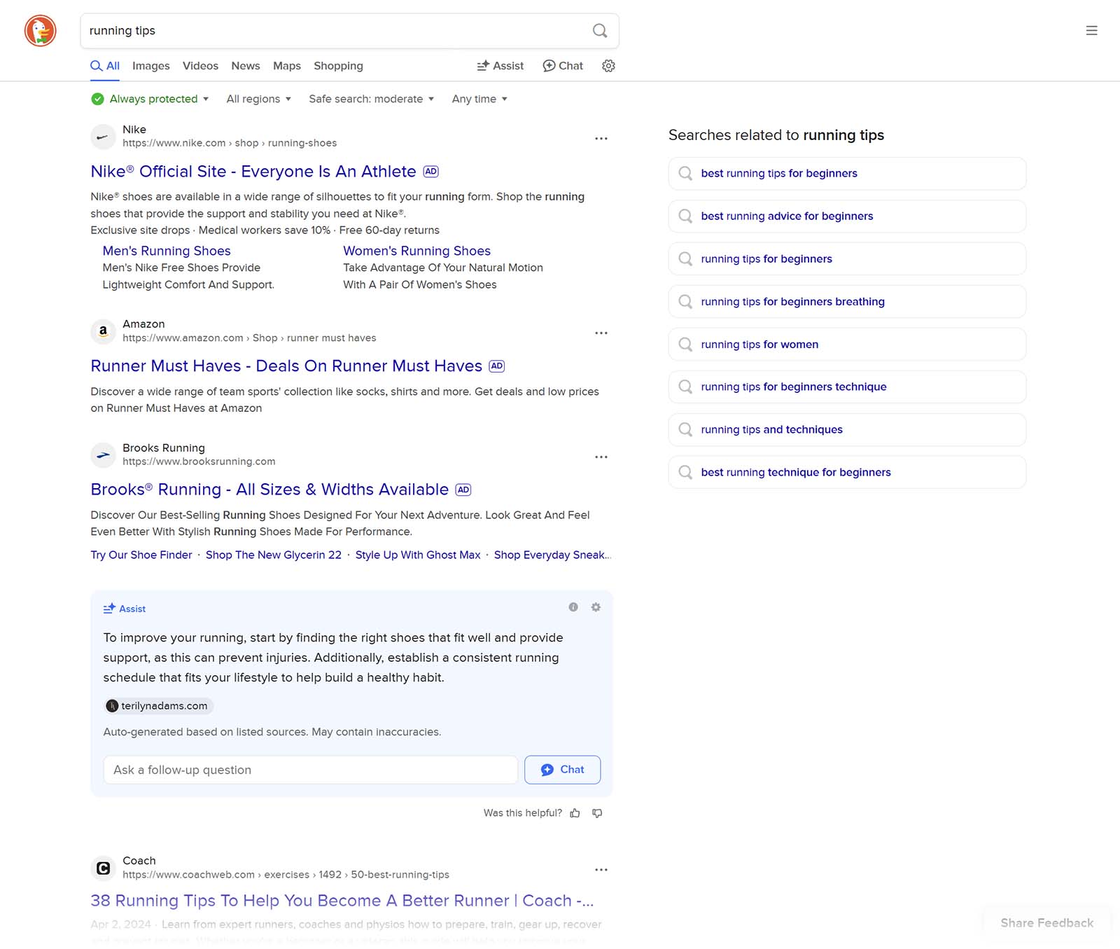 DuckDuckGo results for “running tips” feature shopping ads, article links, and a sidebar of related beginner-focused terms.