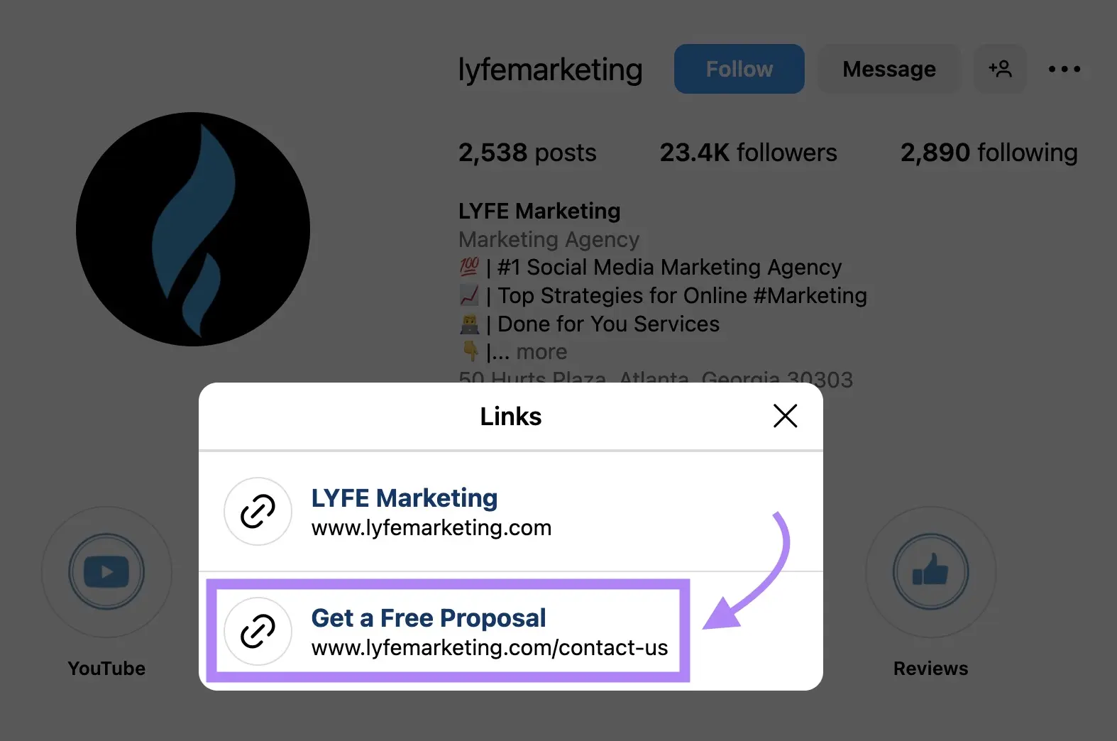 Instagram profile link box for LYFE Marketing highlighting Get a Free Proposal link
