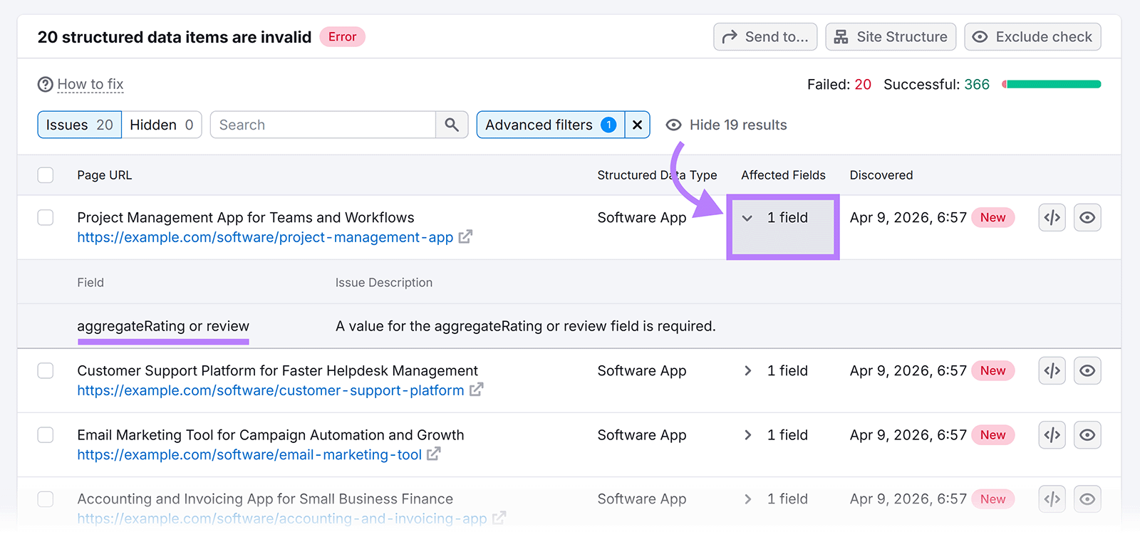 Structured data issue details showing missing aggregateRating or review field