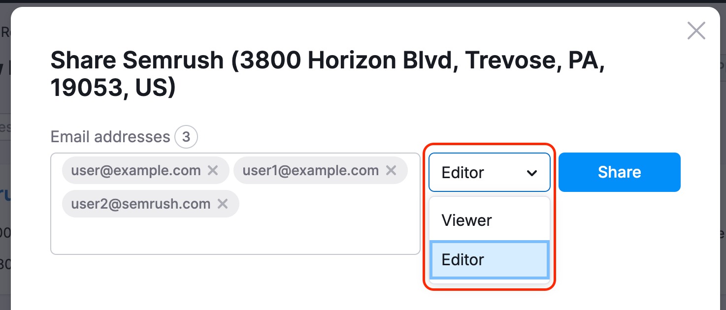 The Share location pop-up with the viewing permissions highlighted.