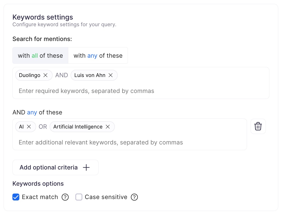 Keyword settings in Brand Monitoring with the With all of these logic operator selected, plus additional optional criteria for advanced search refinement.