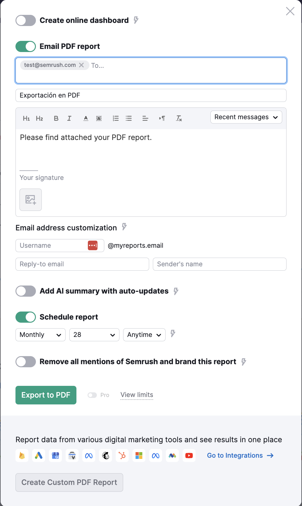 Export to PDF settings wizard.