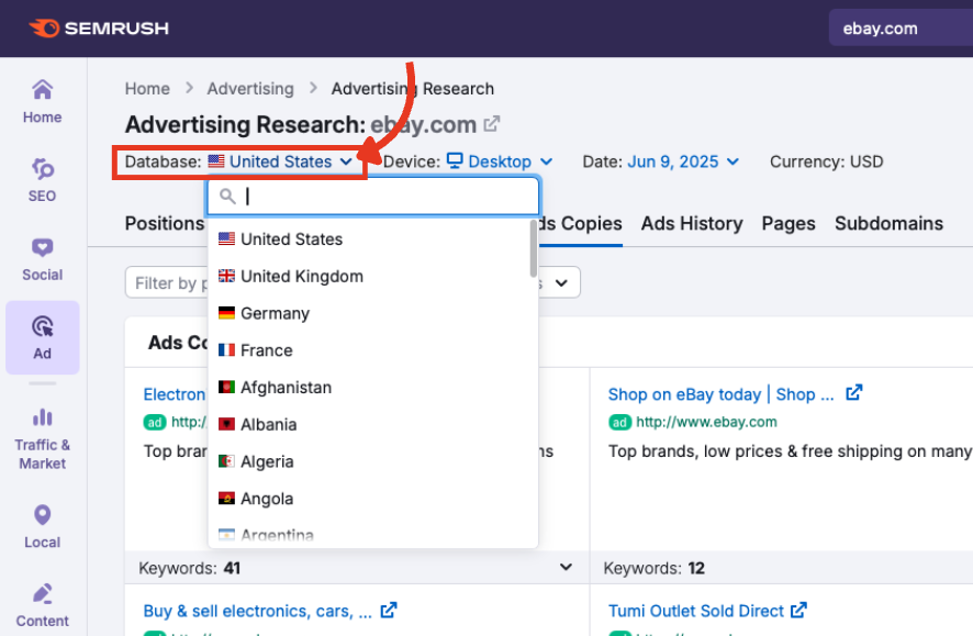 The database selector in Advertising Research showing United States selected.