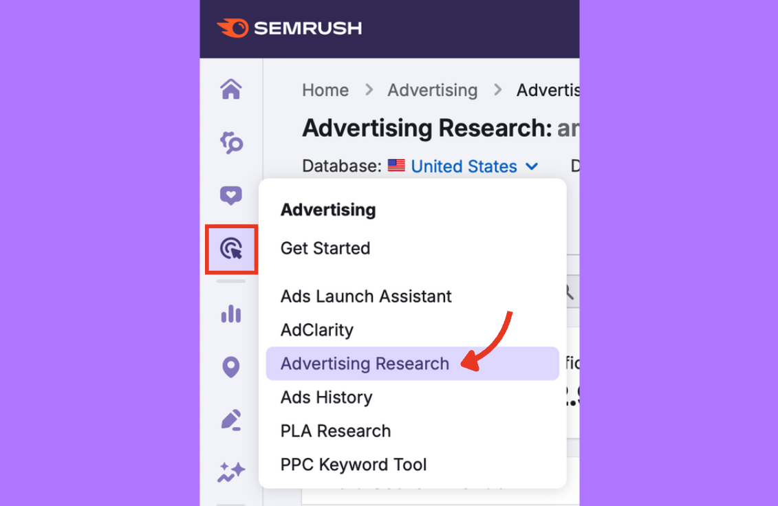Semrush sidebar with the Advertising Research option selected.