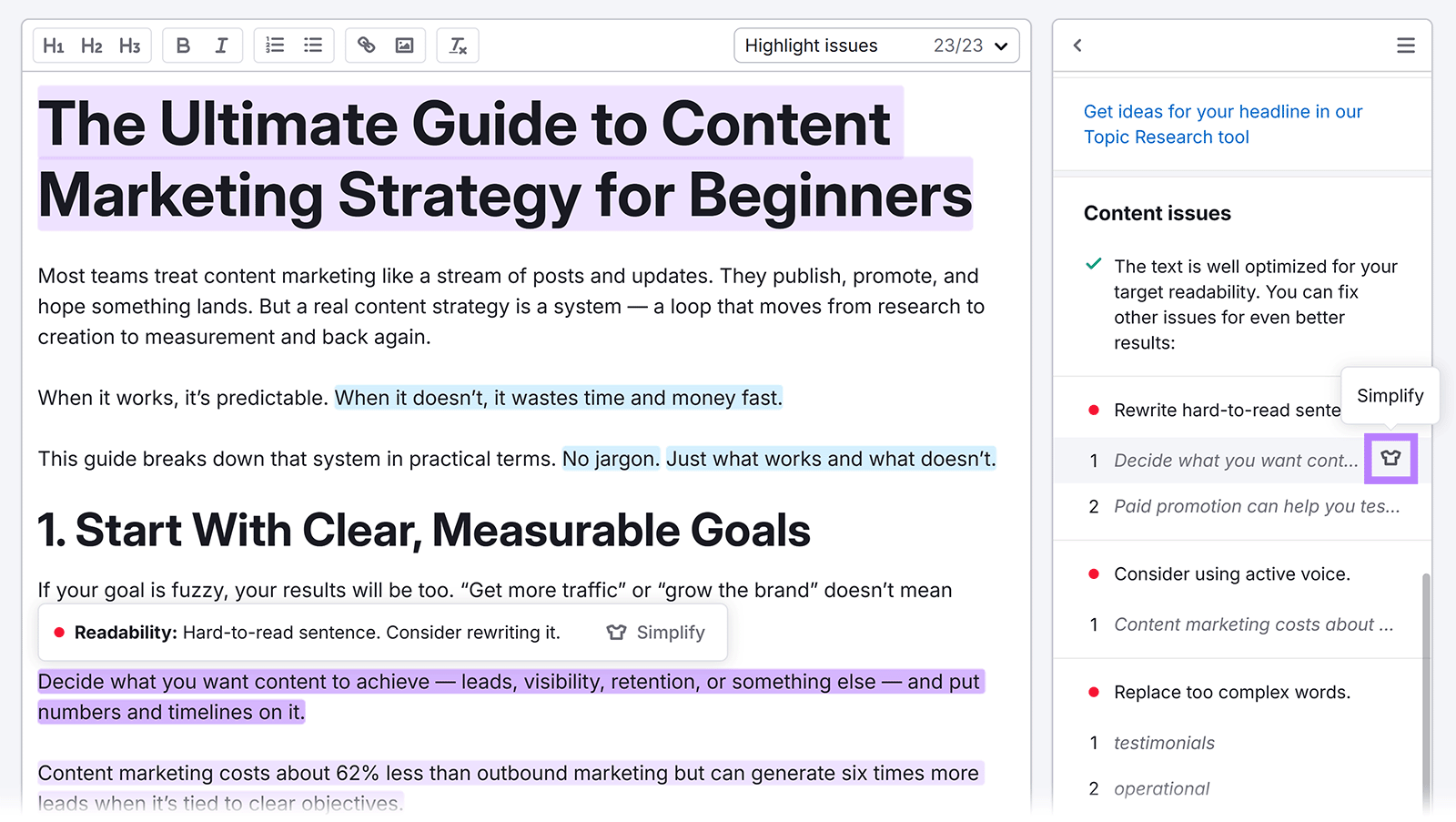 Content issues section in SWA sidebar showing hard-to-read sentence with Simplify option highlighted.