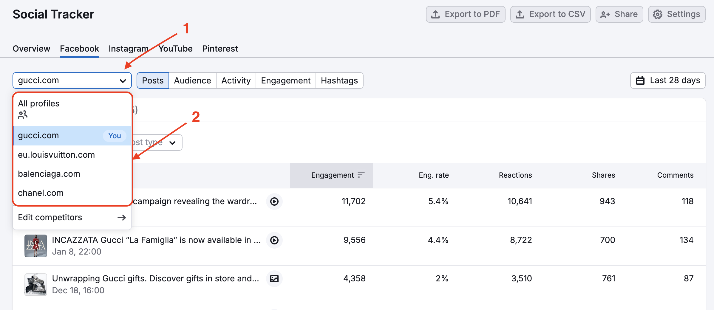 The Social Tracker Facebook report open with two red arrows—one pointing to the drop-down menu in the top-left corner of the report, where you can select the company, and the second pointing to the available options in the drop-down.